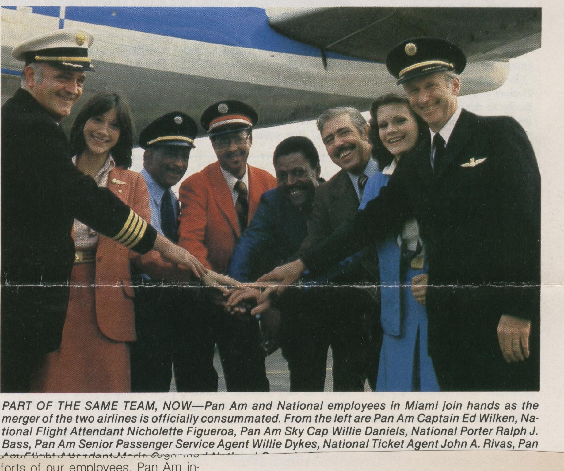 1980 Pan Am & National Airlines employees from various departments post by a 707 in the lead up to the Pan Am - National Merger. The merger was signed in January of 1980.